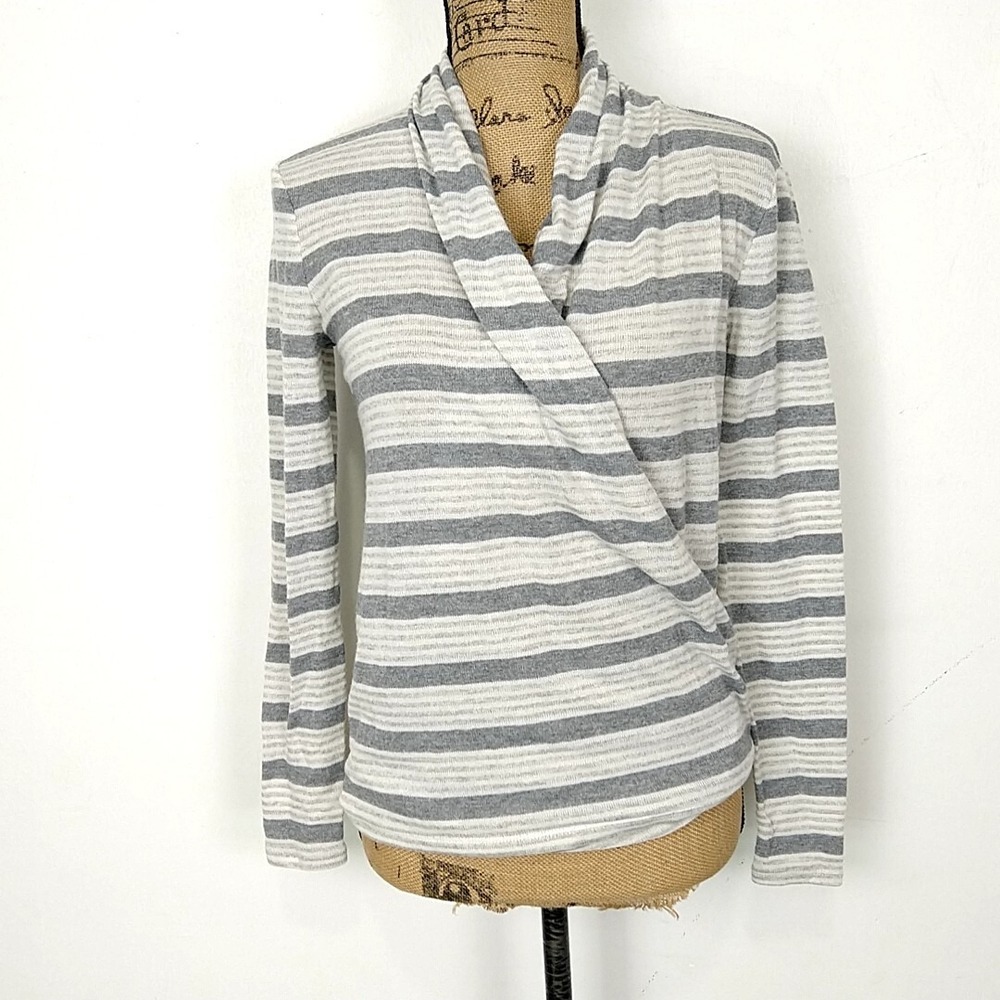 LOFT Outlet Knit Top Women XSP Grey Striped Wrap Front Long Sleeve V-Neck